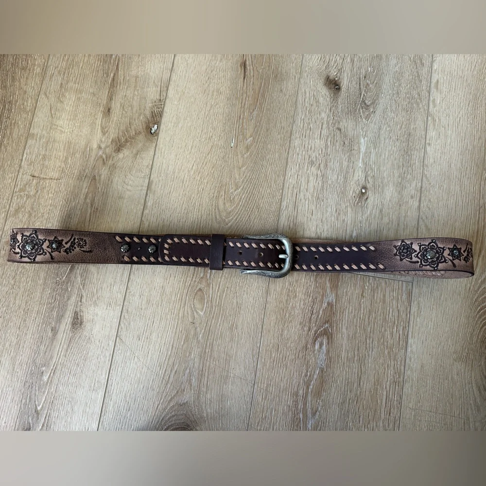 Brown Leather Belt with Floral Design XXL